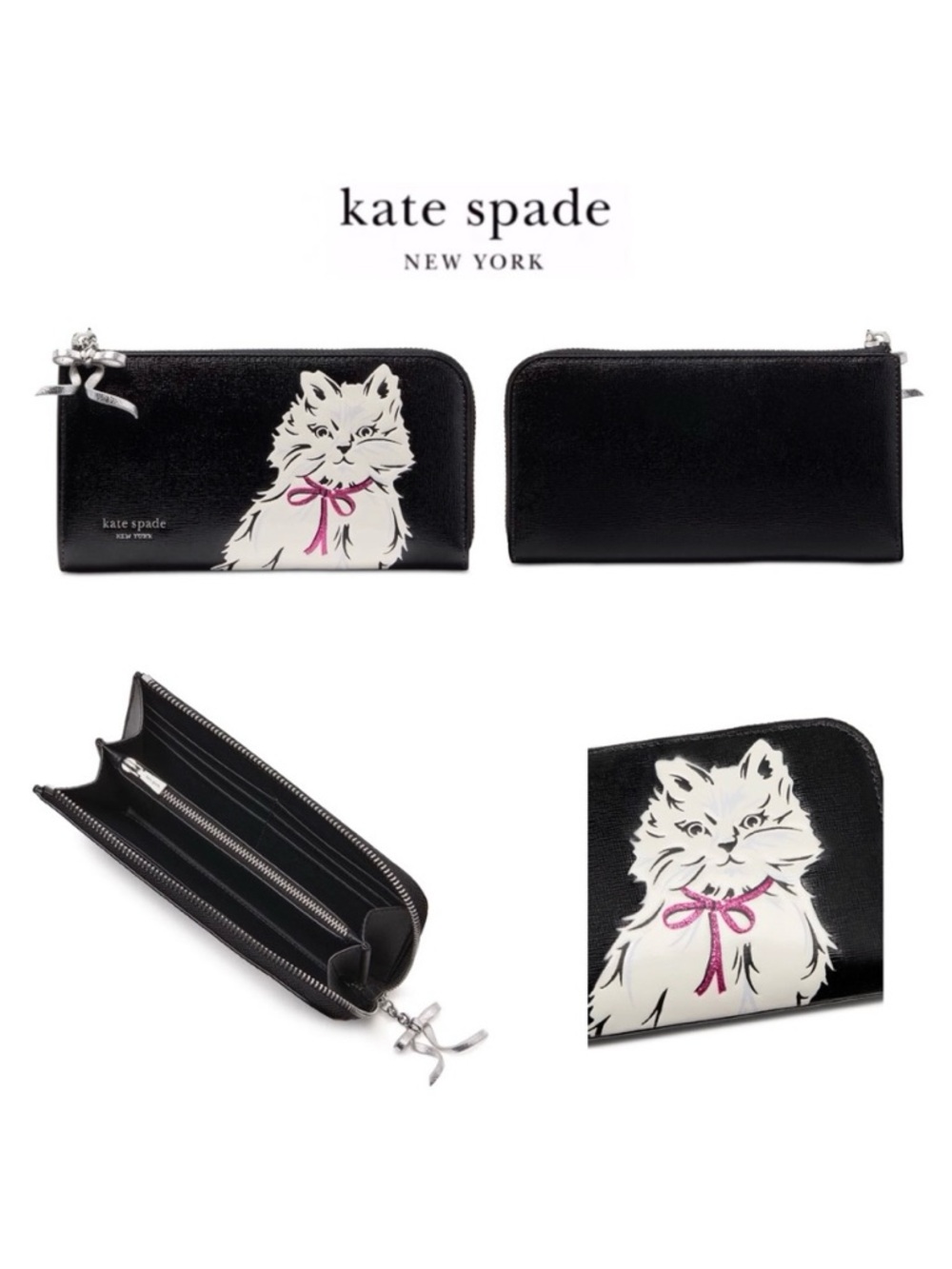 NWT Kate Spade ♠️WHISKERS Black Saffiano Leather L Zip-Around Continental Wallet